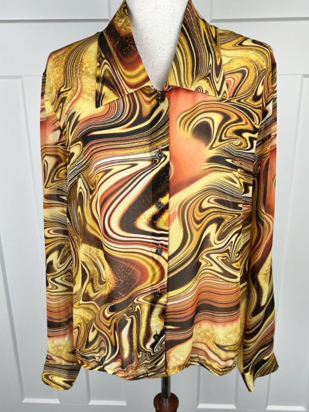 Escada Silk Blouse Womens EU 42 US 12 Retro Abstract Print Scarf Tie Semi Sheer